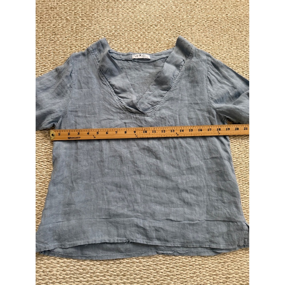 Gigi Moda Italy Blue Linen V-Neck Tunic Top Long Sleeve Lagenlook coastal beachy - Picture 7 of 10